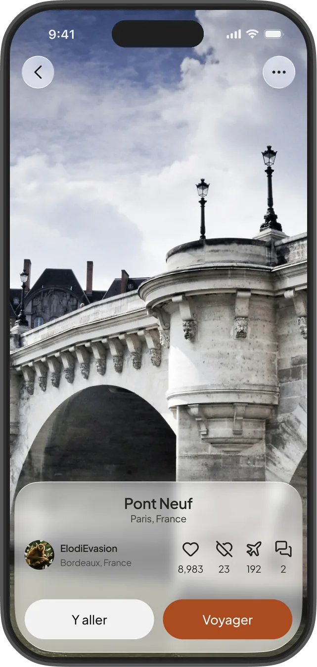 Bouton Voyager et offres disponibles pour un lieu sur l'app Hexatrip